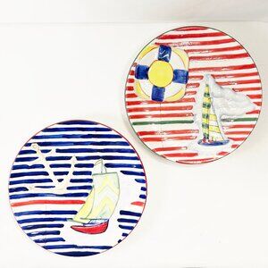 VINTAGE set of 2  striped NAUTICAL sail boat themed Decorative Plates